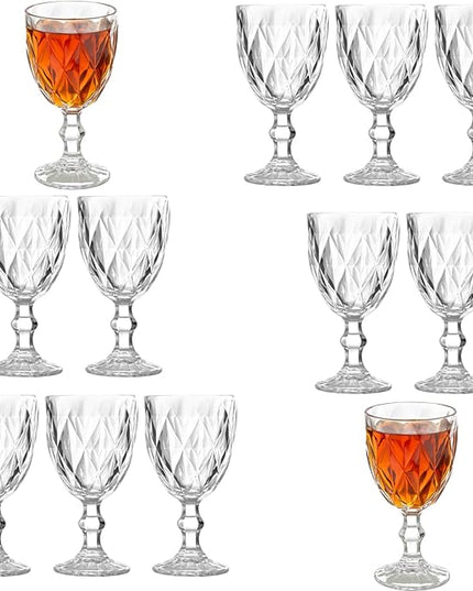 12 Pack Vintage Wine Glasses, Plastic Reusable 12 Ounce Colored Water Goblets, Unique Embossed Pattern Unbreakable Stemmed Wine Glasses High Clear Wedding Party Bar Drinking Cups Clear