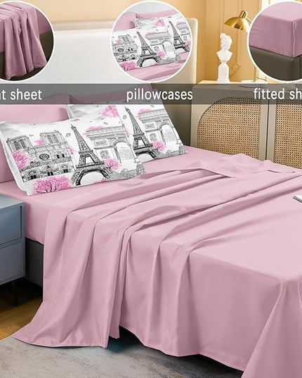 Bedbay Pink Paris Comforter Set with Sheets - 8 Piece Romantic Couple Bedding - Cal King Size Bed in a Bag- Pink Cherry Blossom Floral Comforter Bed Set