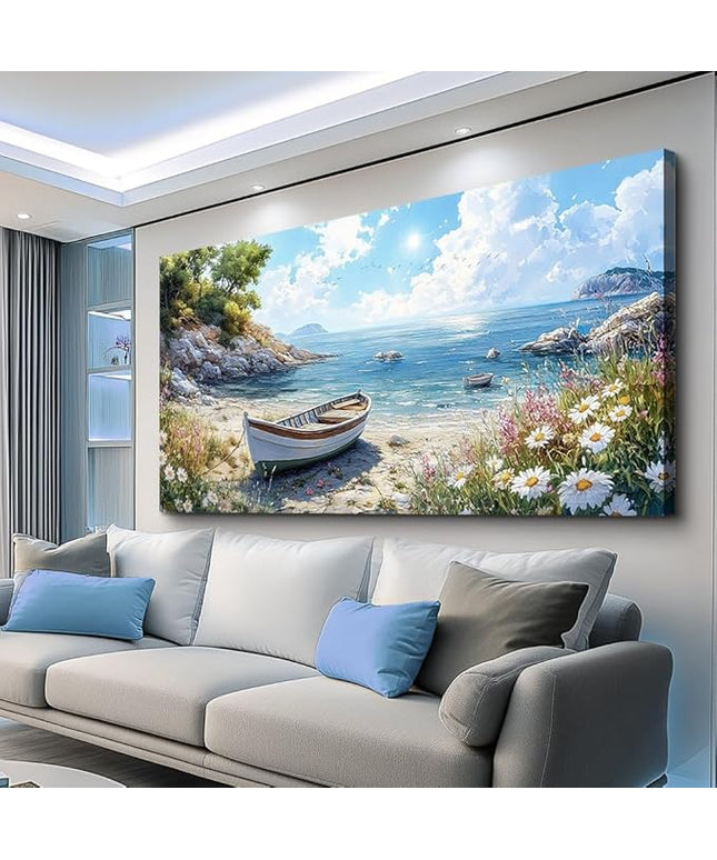 ZUITINGHUA Large Wall Decor For Living Room Canvas Wall Art For Office Modern Wall Decorations For Bedroom Seaside Boat Landscape Painting Farmhouse Pictures Artwork Room Home Decor 24x48 In