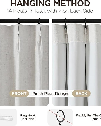 Joydeco Pinch Pleated Linen Curtains for Living Room, 100% Blackout Darkening Curtains 72 inches Length 2 Panel Thermal Insulated Pinch Pleat Drapes(Ivory,40'' Wx72'' L)