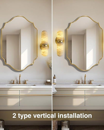 Alabaster Wall Sconces Set of Two,13in Brass Alabaster Sconce, Modern Spanish Natural Marble Sconces Lights, Gold Sconces for Bathroom Vanity Bedroom Living Room Staircases Hallway
