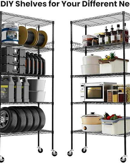Storage Shelves 75"H Wire Shelving Unit with Wheels 1750LBS Heavy Duty Metal Shelves for Storage Adjustable 5-Tier Garage Storage Rack Kitchen Pantry Shelves Rolling Shelf on Casters, 14"D x36"W x75"H