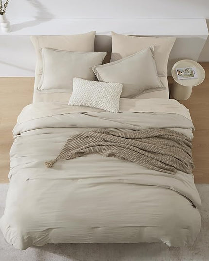 WRENSONGE Full Size Comforter Sets- 7 Pieces Soft Light Oatmeal Bed in a Bag with Fitted Sheet, Flat Sheet, 2 Pillow Shams, 2 Pillowcases, Warm Bedding Sets for All Season