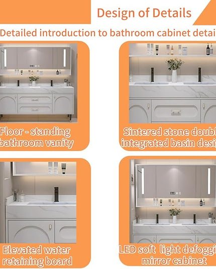 76IN Floor Standing Vanity Bathroom Double Sink - Double Sink Bathroom Vanities, Bathroom Wall Mirror Includes Smart Defogging & LED Lights | Splash Guard, Exquisite Handles (Beige)