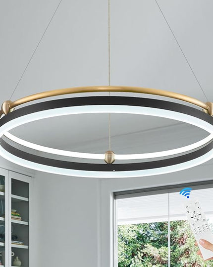 Modern LED Pendant Light 23.6" Black Gold Dimmable Circular LED Chandelier 1 Ring with Remote, Round Hanging Light for Kitchen Island Dining Room Living Room Foyer Entryway, 2-Ring Lighting