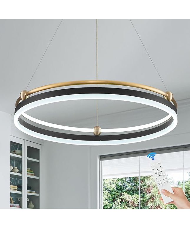 Modern LED Pendant Light 23.6" Black Gold Dimmable Circular LED Chandelier 1 Ring with Remote, Round Hanging Light for Kitchen Island Dining Room Living Room Foyer Entryway, 2-Ring Lighting