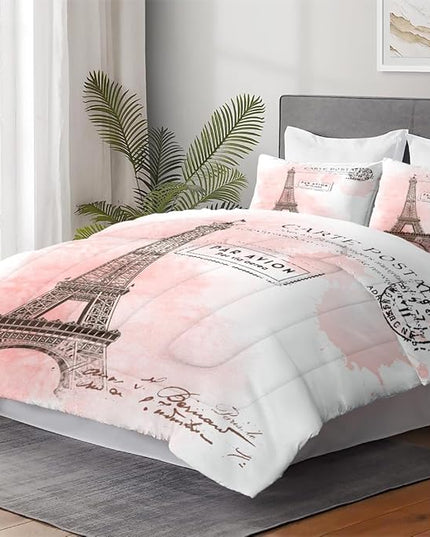 Twin Size Comforter Set with Pillowcase, Paris Eiffel Tower 2 Pcs Bedding for Kids and Adults, Beautiful Pink Place Soft Comforter Set for Bedroom Bed Decor