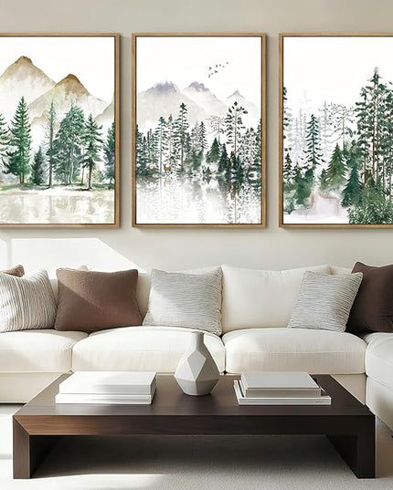 ANHUIB Large Framed Mountain Wall Art Watercolor Forest Landscape Painting Green Nature Prints Art Rustic Wall Decor Set of 3 for Living Room Bedroom Office 16x24 Inch