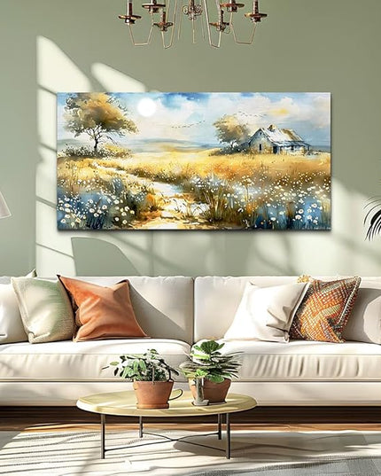 KELIYUAN Wildflower Field Landscape Painting Modern Canvas Print Wall Art Rural Field Mural Artwork Living Room Dining Room Wall Decoation For Bedroom Office Farmhouse Home Decoration 24x48 Inches