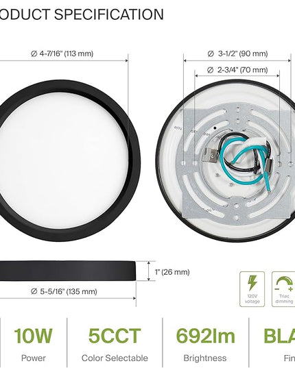 ASD LED 5" Round Flush Mount Ceiling Light Fixture, Low Profile Surface Lighting | 5CCT, Dimmable, Ultra-Thin, ETL Listed | 10W 700LM 2700-6000K 120V | Kitchen, Bedroom, Hallway Lamp | Black