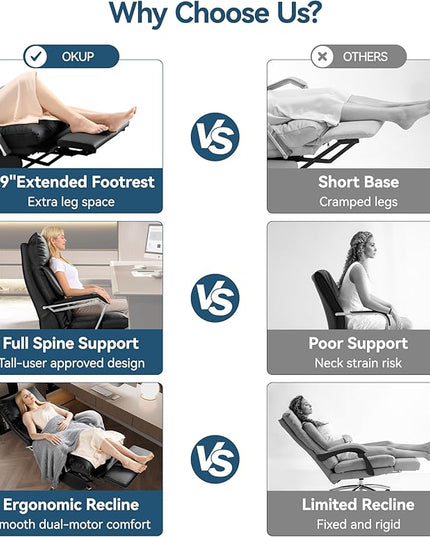 M80A Dual Motor Electric Executive Office Chair with Footrest, Comfortable Reclining Office Chair Wide Seat, Big and Tall Ergonomic Leather Home Office Desk Chair (Black,No Massage)