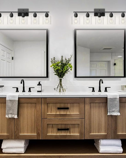 Modern 5 Light Bathroom Vanity Light, 31 inch Black Bathroom Lights Fixtures, Vanity Lights with Clear Glass for Mirror Kitchen Living Room Hallway Cabinet Porch