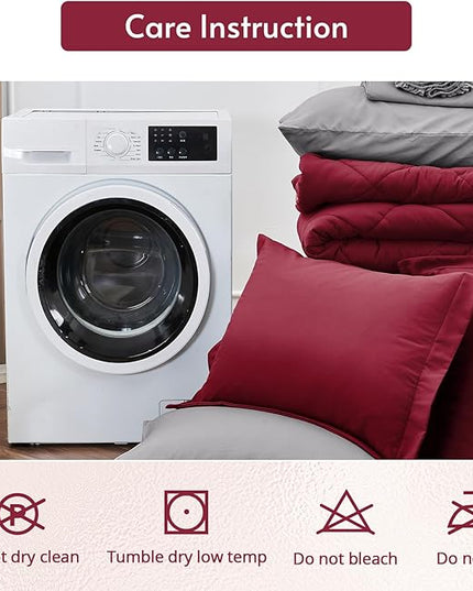 MUXHOMO 7 Pieces Full Comforter Set, Reversible Bed in a Bag Full Size, All Season Bedding Set with Comforter, Flat Sheet, Fitted Sheet, Pillowcases & Shams, Burgundy & Grey
