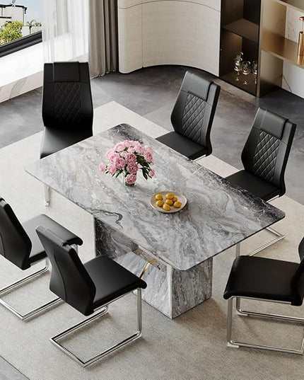 Dinner Table Set for 6, 7 Piece Dining Table Set with Chairs, 63" Faux Marble Modern Table with 6 PU Leather Upholstered Chairs, for Kitchen & Dining Room