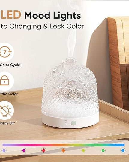 Glass Essential Oil Diffuser, 200ml Ultrasonic Aroma Diffusers with Glass Reservoir Dome & White Plastic Base Lock Color Auto-Off Timer 7 Color Light for Home Office Bedroom Yoga