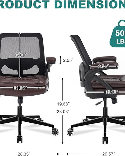 Big and Tall Office Chair, 500lbs Mesh Heavy Duty Ergonomic Desk Chair with Flip-up Armrests, Plus Size Wide Seat in PU Leather, 360 Swivel Computer Executive Task Chair for Home Office (Brown)