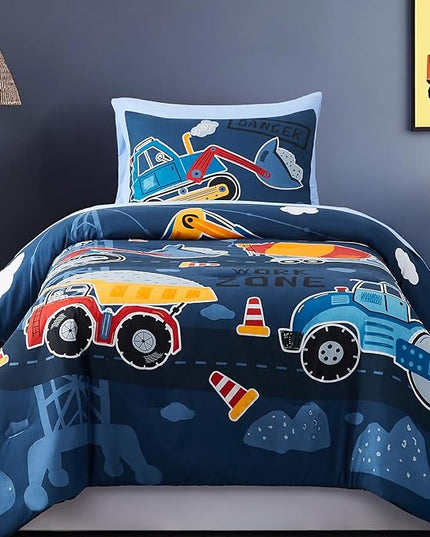 Twin Comforter Set for Boys-5 Pieces Truck Tractor Excavator Glow in The Dark Twin Bedding Sets for Kids, Ultra Soft Bed in A Bag with Sheets