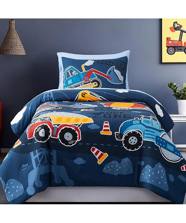 Twin Comforter Set for Boys-5 Pieces Truck Tractor Excavator Glow in The Dark Twin Bedding Sets for Kids, Ultra Soft Bed in A Bag with Sheets