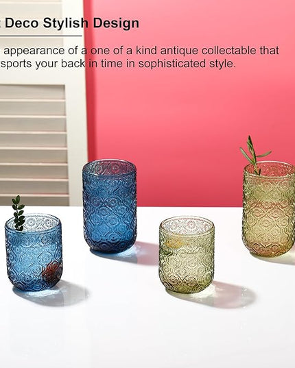Green Drinking Glasses Set of 8, 12 Oz Highball & 10 Oz Cocktail Glasses, Green Kitchen Vintage Glassware Set, Floral Embossed Glass Tumbler Cups for Water, Beer, Juice, Whiskey, Coffee