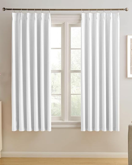 KEQIAOSUOCAI Pleated White Curtains 63 Inches Long,Half Blackout Room Darkening Short Window Curtain 63 Inch Length 2 Panel Set,Pinch Pleated Curtains with Hooks,40 by 63,Set of 2