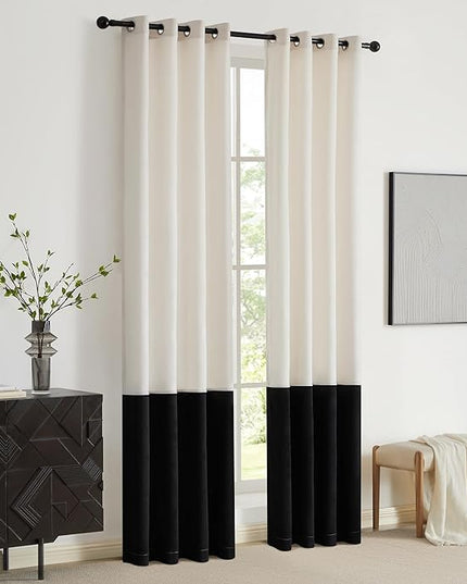 BULBUL Cream Black Color Block Window Curtains Panels 90 inches Long Velvet Farmhouse Drapes for Bedroom Living Roomm Darkening Treatment with Grommet Set of 2