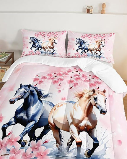 Horse Comforter Set Kids Bedding Queen Size,Pink Cherry Blossom Bedding Set for Girls Boys Teens Bedroom Decor Aesthetic,Galloping Horse Bedding Comforter Sets with 2 Pillowcases.