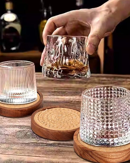 5 Pcs Best Absorbent Wooden Coasters Set - 4 Inches Brown Woven Coaster Modern Acacia Wood Coasters for Drinks, Coffee Table Decor, Farmhouse, Bar, Office, Beer, Kitchen, Dining Room, Outdoor, Desk