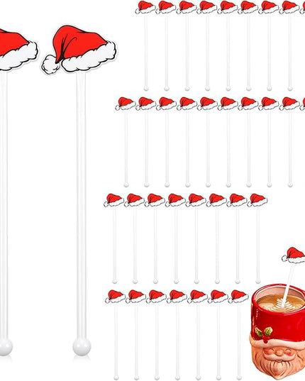 30 Pcs Christmas Drink Stirrers Xmas Stir Stick Holiday Coffee Swizzle Stick Reusable Plastic Hot Cocoa Bar Chocolate Decoration Cocktail Mixer(Santa Hat,Classic Color)