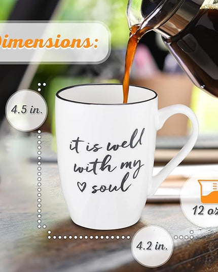 Christian Art Gifts Microwave & Dishwasher Safe Encouraging Ceramic Coffee & Tea Mug for Women & Men: It is Well With My Soul Inspirational Non-toxic Novelty Heart Beverage Cup, White & Black, 12 oz.
