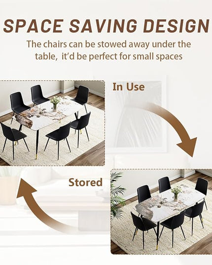 7 Piece Modern Dining Set, 62'' Sintered Stone Dinner Table for 6, 6 Chairs, Easy to Assemble