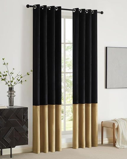 BULBUL Black Gold Color Block Window Curtains Panels 72 inches Long Velvet Farmhouse Drapes for Bedroom Living Room Darkening Treatment with Grommet Set of Black Gold
