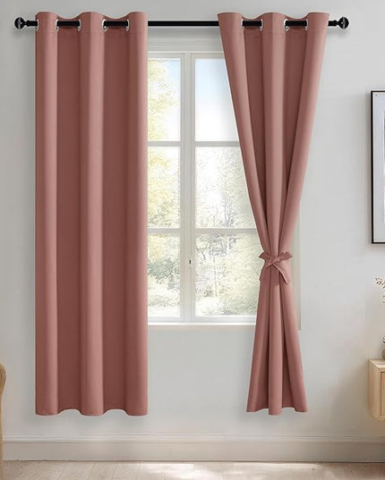 JIUZHEN Dried Rose Blackout Curtains with Tiebacks Thermal Insulated, Light Blocking and Noise Reducing Grommet Curtains for and Living Room, Set of 2 Window Curtain Panels, 42 x 72 Inch Length