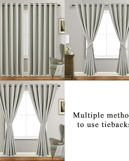 JIUZHEN Silver Grey Blackout Curtains with Tiebacks Thermal Insulated, Light Blocking and Noise Reducing Grommet Curtains for and Living Room, Set of 2 Window Curtain Panels, 70 x 96 Inch Length
