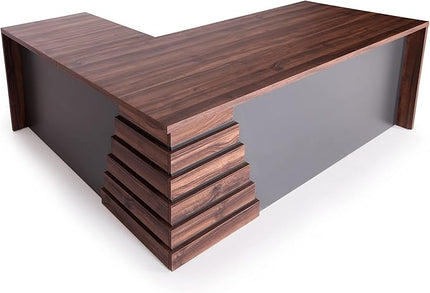 71" Wood Office Furniture Set of 3pcs | Executive Right Side L Shaped Corner Desk & File Drawers w/Telescopic Rail | Coffee Table | Storage Cabinet w/Chrome Handles | Modern Home Workstation