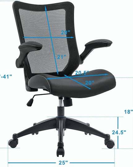 OfficeFactor Office Desk Chair, 300 lb Capacity Adjustable Desk Chair, Flip-Up Armrests, Non-Scratch Wheels, Mesh Back, Comfortable Bonded Leather seat (Black)