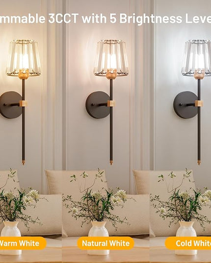 Crystal Battery Operated Wall Sconces Set of 2, Black and Gold Rechargeable Wireless Wall Lights with Crystal Lampshade, 12 RGB and 3CCT Dimmable Wall Lamps with Remote for Bedroom Living Room Hallway
