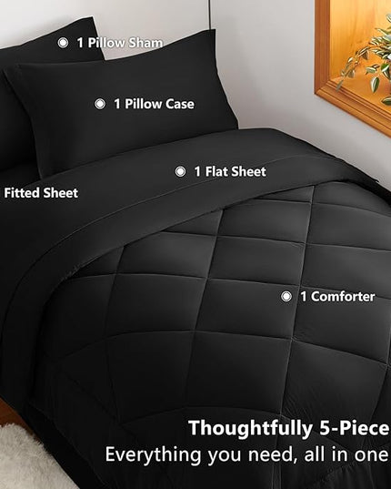 CozyLux Twin Comforter Set with Sheets Black - 5 Pieces Bed in a Bag Twin, All Season Bed Set for Girls and Boys, Bedding Set with Down Alternative Comforter, Sheets, Pillowcase & Sham
