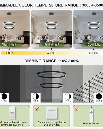 2-Rings Modern LED Chandelier Black for Dining Room, Circular Flush Mount Ceiling Chandelier Light Dimmable Pendant Light with Remote Control for Living Room Entrance Foyer, 3000K-6500K