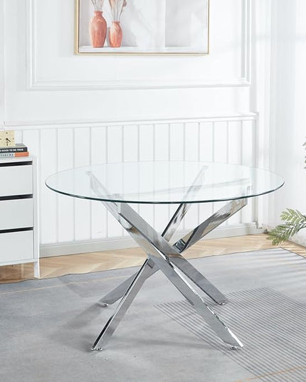 HomVent Round Glass Dining Table Set for 6, 7-Piece Modern Kitchen Table Set with 6 PU Upholstered Chair for Kitchen Dining Room, Glass Dining Room Table Set