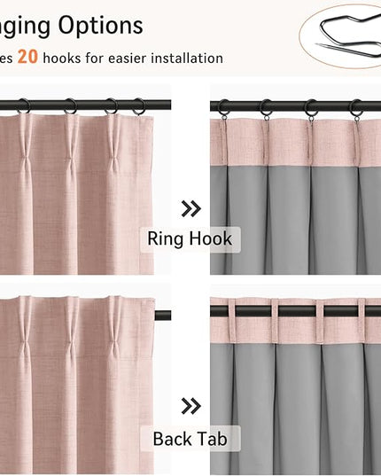 100% Blackout Shield Linen Look Textured Pinch Pleated Curtains Blackout Drapes 84 Inch Long 2 Panels Set, Faux Linen Blackout Curtains for Bedroom & Living Room, 40" W x 84" L, Blush Pink