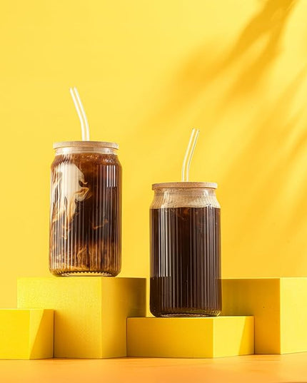 JoyJolt Fluted Glass Tumblers with Bamboo Lids and Glass Straws, Ribbed Can Shaped Drinking Glasses Set of 4, 16oz Cup with Lids and Straws, Iced Coffee Cups, Cocktail/Beer Glasses, Tea Cups