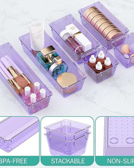 WOWBOX 6 Pack Clear Drawer Organizer Set, Acrylic Drawer Storage Trays, Storage Bins for Makeup, Cosmetics, Jewelries, Utensils, Gadgets, Office, Purple
