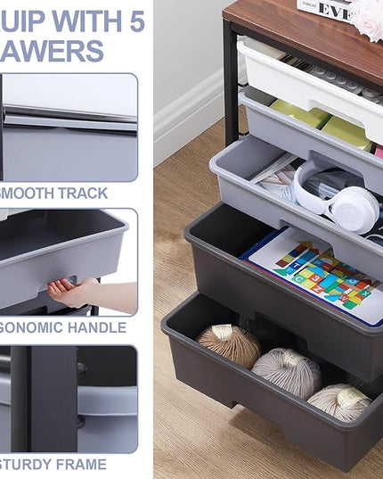 Utility Cart with 5 Drawers,Storage Drawer Cart with Wooden Tabletop and Lockable Wheels,Craft Storage Trolley Cart,5-Tier Rolling Utility Cart on Wheels,Dark Grey