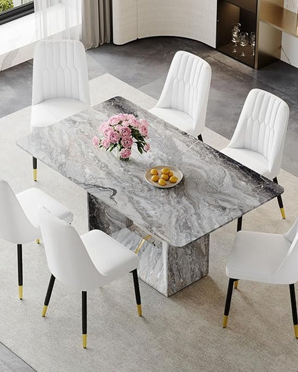 Dinner Table Set for 6, 7 Piece Dining Table Set with Chairs, 63" Faux Marble Modern Table with 6 PU Leather Upholstered Chairs, for Kitchen & Dining Room