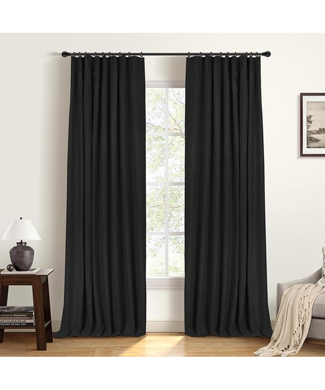 INOVADAY 100% Blackout Curtains for Bedroom, Black Out Curtains 72 Inch Long, Clip Rings Linen Blackout Drapes, Thermal Insulated Room Darkening for Living Room, 2 Panels - Black,W50xL72
