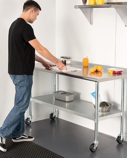 HARDURA Stainless Steel Table with Wheels 30X72 Inches NSF Heavy Duty Commercial Prep Table with 2” Backsplash and Adjustable Undershelf for Food Prep