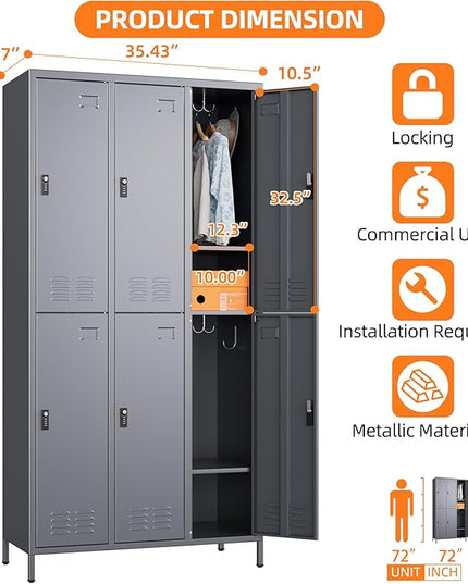 Aobabo Combination Lock Metal Storage Locker for Employees, 6 Doors Lockable Storage Locker with 18 Hooks for Office Gym School, Dark Grey, Assembly Required