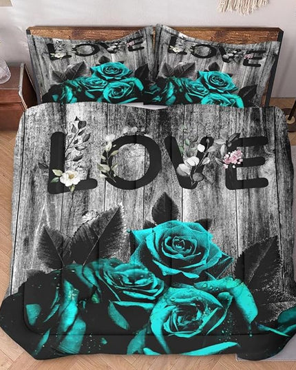 Queen Size Comforter Set with 2 Pillowcases, Cyan Rose Flower Love 3 Pcs Bedding for Kids and Adults, Summer Vintage Woodboard Soft Comforter Set for Bedroom Bed Decor