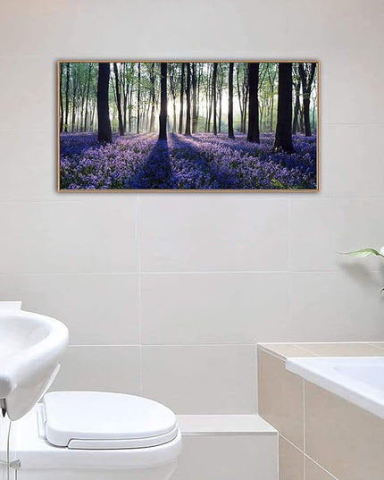 yearainn Framed Lavender Forest Wall Art – Purple Lavender Field with Sunlight through Trees Canvas Picture, Nature Landscape Painting Artwork for Home Wall Decor, Natural Wood Frame, 24" x 48"