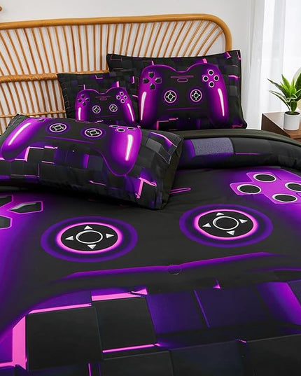 PERFEMET 6 Pieces Gamer Comforter Sets Twin Size Purple Game Console Boys Bed in A Bag 3D Cool Black Gaming Bedding Set for Kids Teen Lightweight Gamepad Bedroom Set(Purple, Twin)